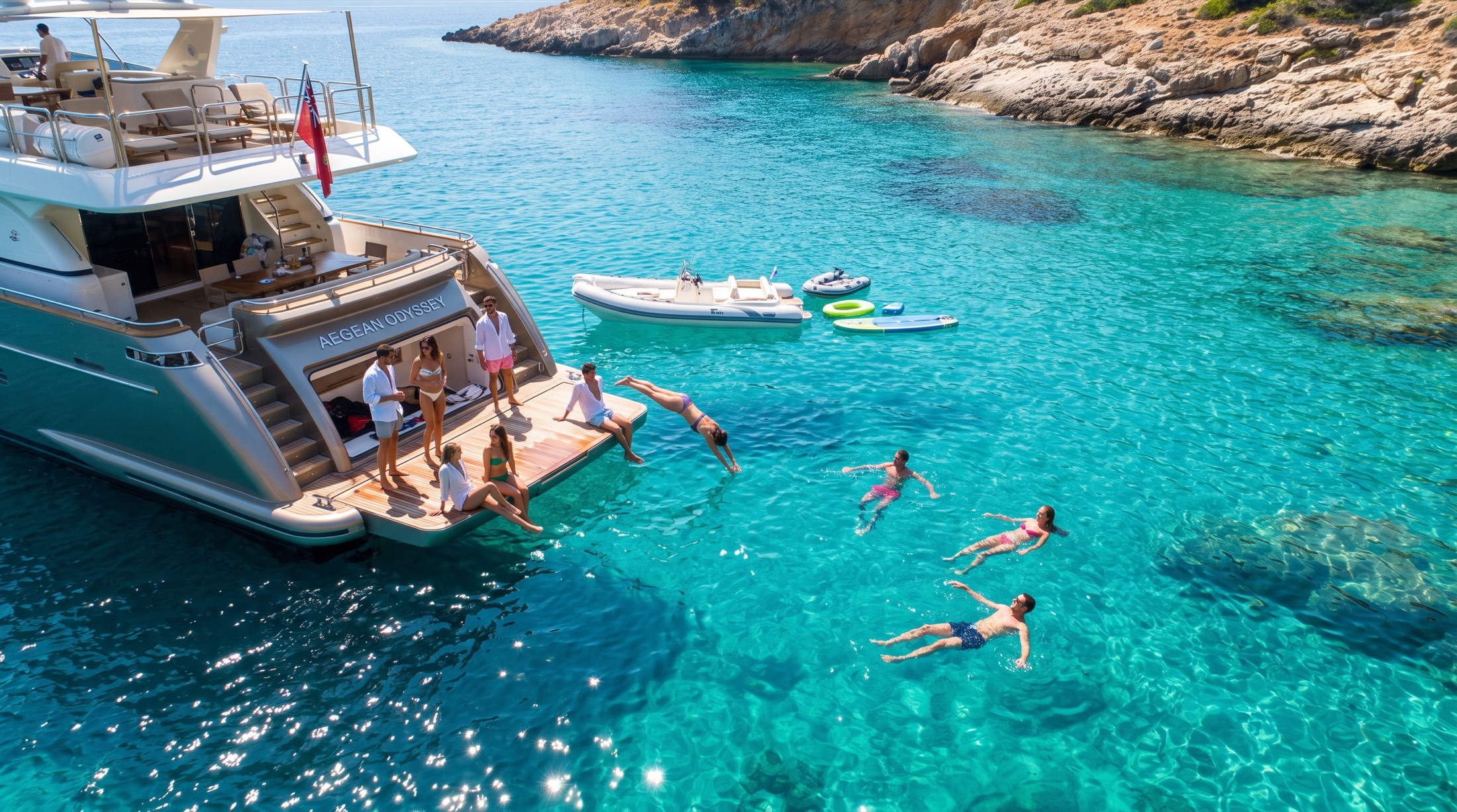 Guests swimming off a yacht in clear turquoise water